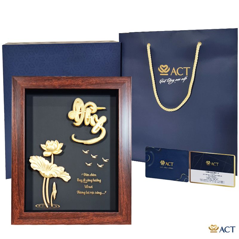 Quà tặng Tranh Chữ Đồng Hoa Sen dát vàng 24k ACT GOLD ISO 9001:2015