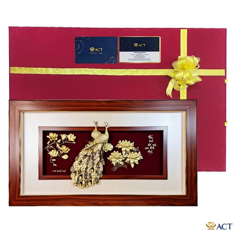 Quà tặng tranh Đôi Chim Công dát vàng 24k ACT GOLD ISO 9001:2015 (Mẫu 15)