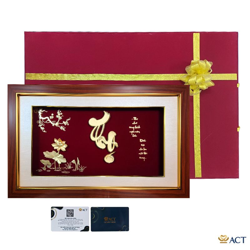 Quà tặng Tranh Chữ Thọ Hoa Sen dát vàng 24k ACT GOLD ISO 9001:2015