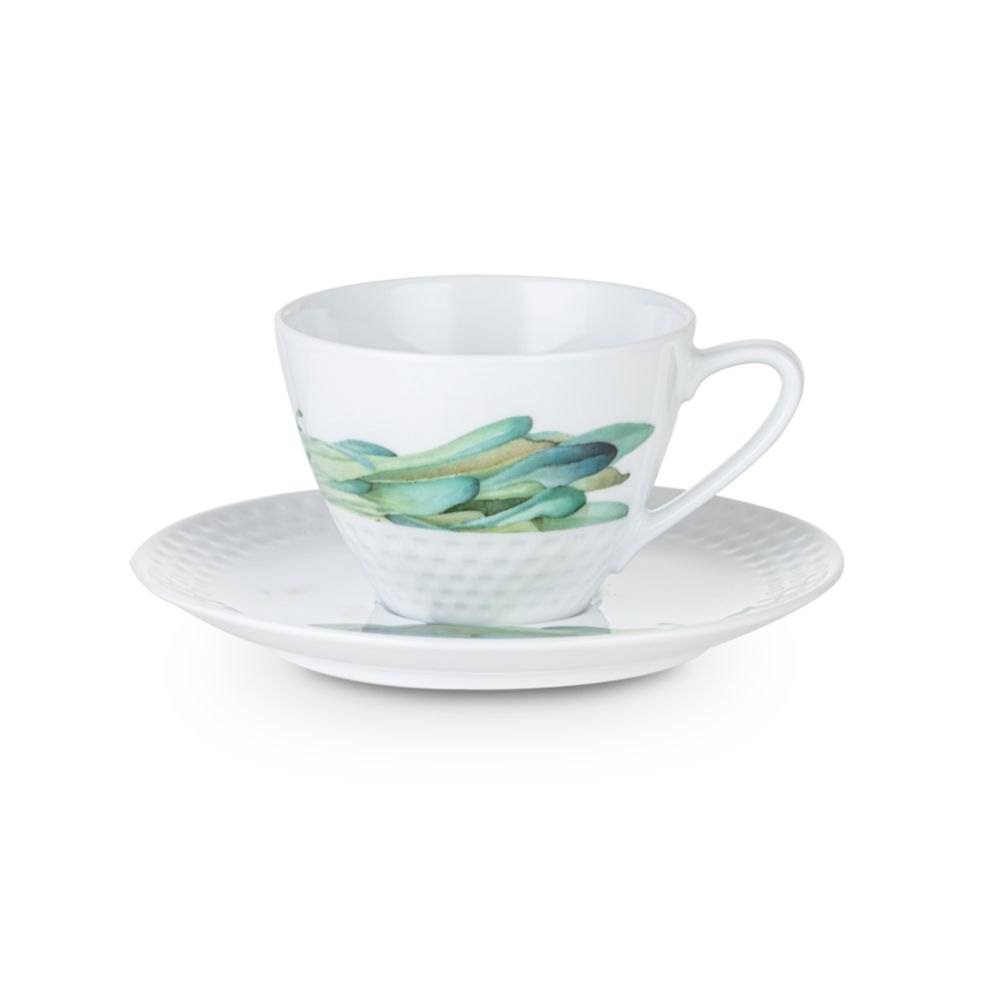 Chén trà & đĩa lót (họa tiết cải Mibuna) Noritake Kyoka Shunsai 210ml