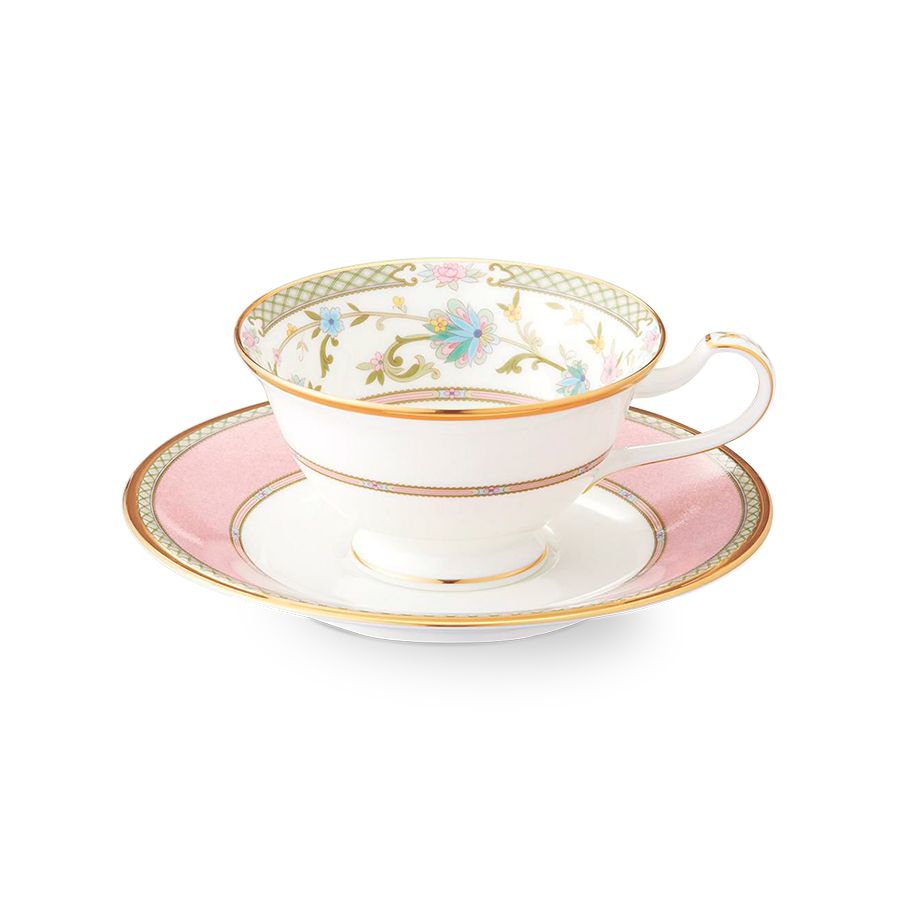 Chén trà & đĩa lót loe (màu hồng) Noritake Yoshino 220ml