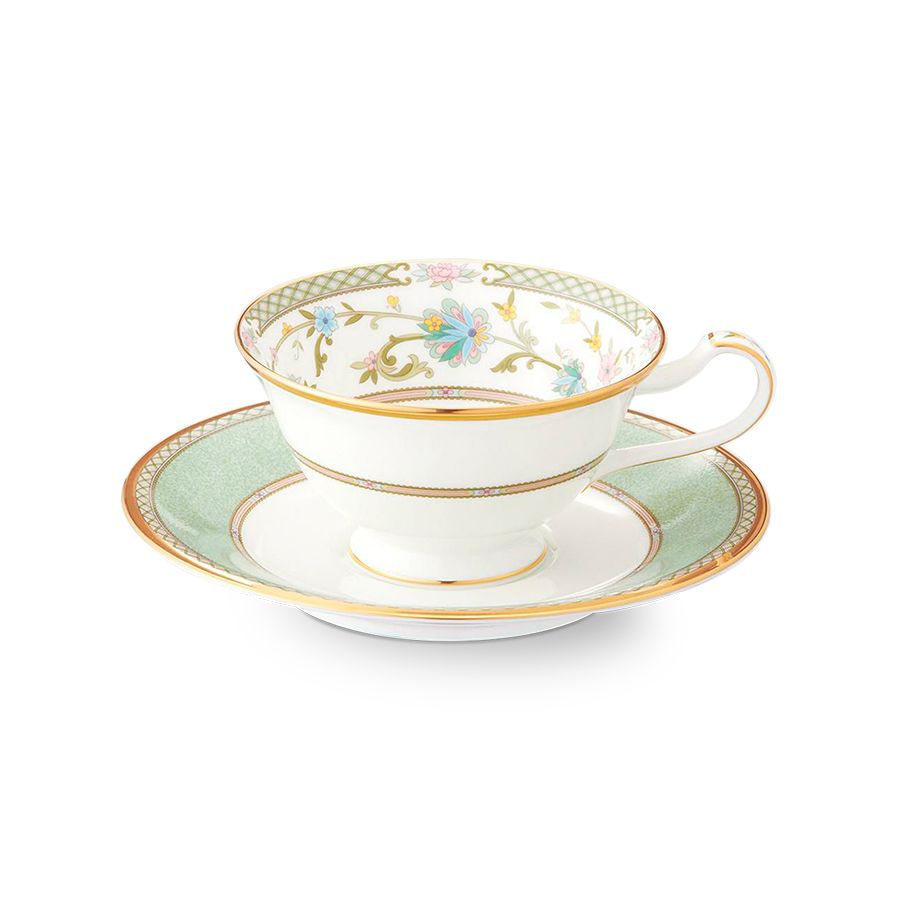Chén trà & đĩa lót loe (màu xanh) Noritake Yoshino 220ml