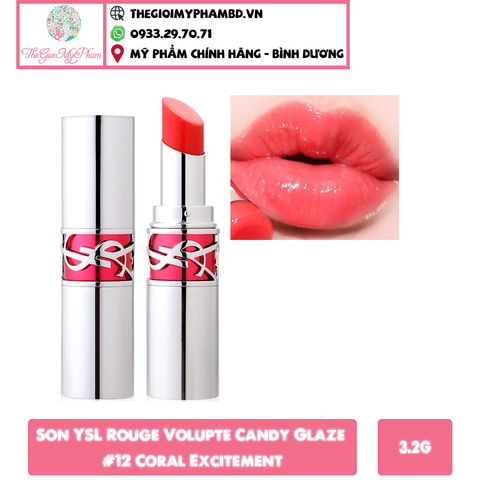 YSL - Son Rouge Volupte Candy Glaze #12 Coral Excitement (Ko Tđ)