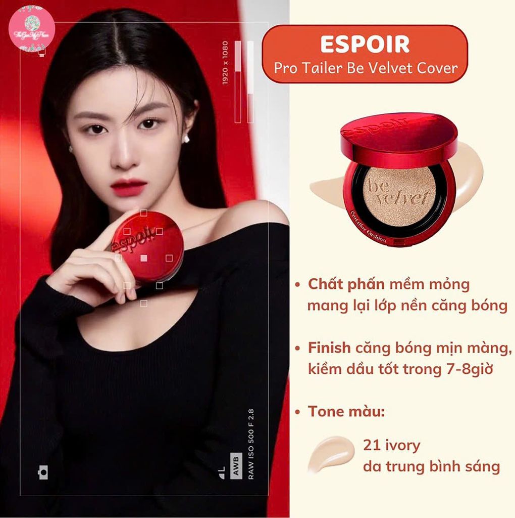 [Kèm Lõi+Túi] Phấn Nước Espoir Pro Tailor Be Velvet Cover Cushion SPF34 PA++#21 Ivory  - Da trung bình sáng