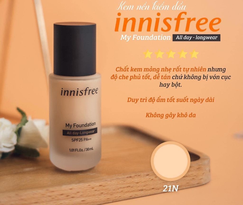 Kem Nền Kiềm Dầu Innisfree My Foundation All Day LongWear 30ml #21N Warm Vanilla