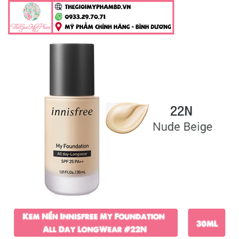 Kem Nền Kiềm Dầu Innisfree My Foundation All Day LongWear SPF25 PA ++ 30ml #22N Nude Beige