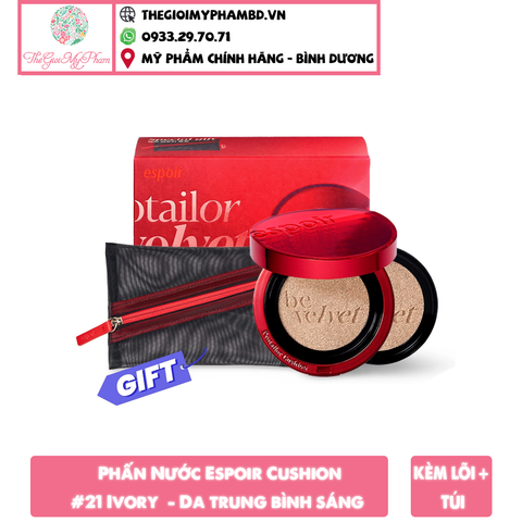 [Kèm Lõi+Túi] Phấn Nước Espoir Pro Tailor Be Velvet Cover Cushion SPF34 PA++#21 Ivory  - Da trung bình sáng