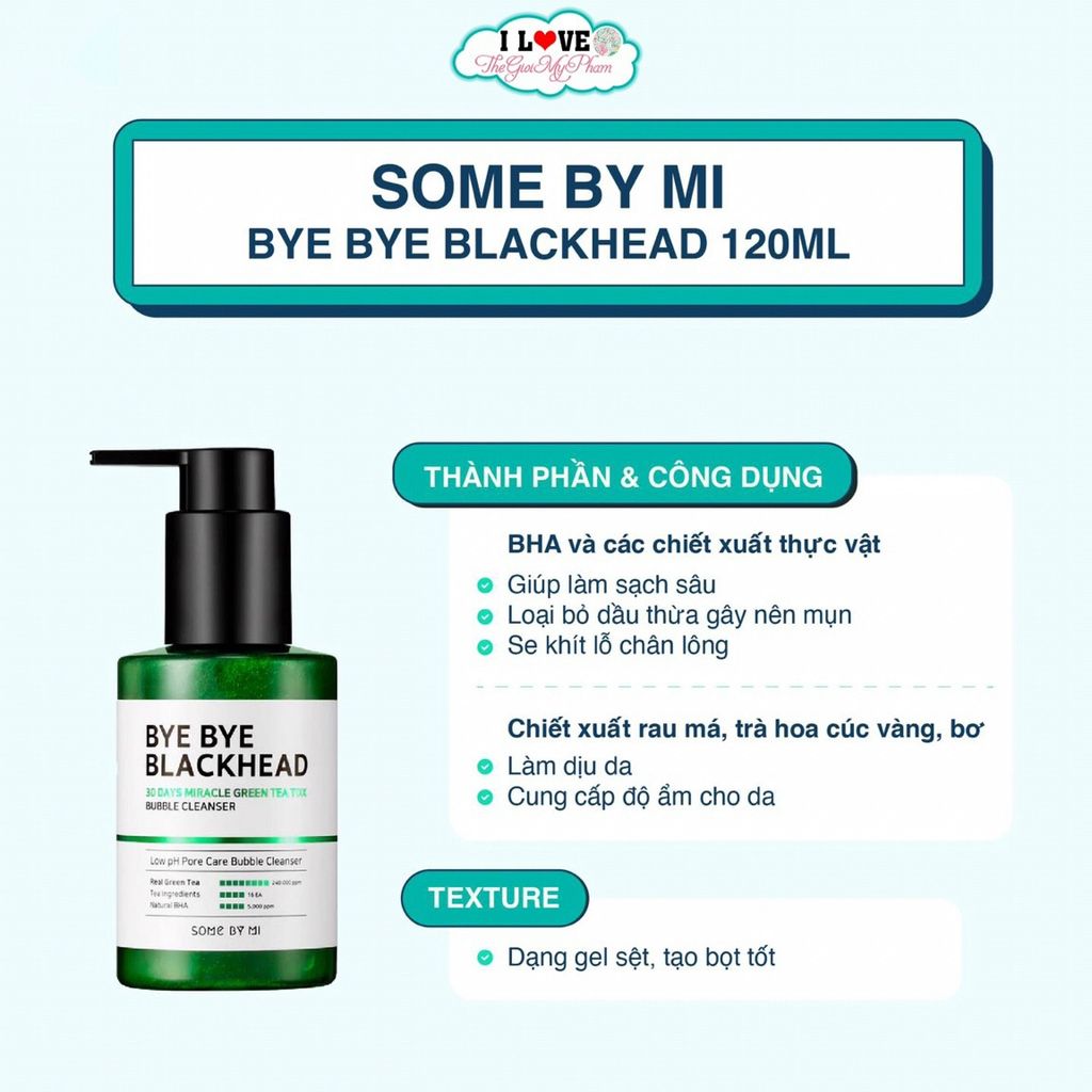 SRM Sủi Bọt Trị Mụn Đầu Đen Some By Mi Bye Bye Blackhead 30 Days Miracle Green Tea Tox Bubble Cleanser 120ml