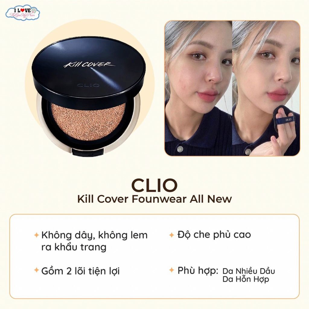 Phấn Nước Clio Kill Cover Founwear Cushion All New SPF50+ PA+++ 15g #3.5-BO Vanilla (Kèm Lõi) -  Da Tự Nhiên, tông màu be tự nhiên