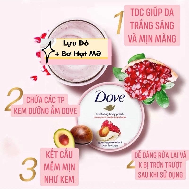 Kem Tẩy Da Chết Body DOVE 225ml #Lựu Và Bơ Hạt Mỡ (Bản Đức)