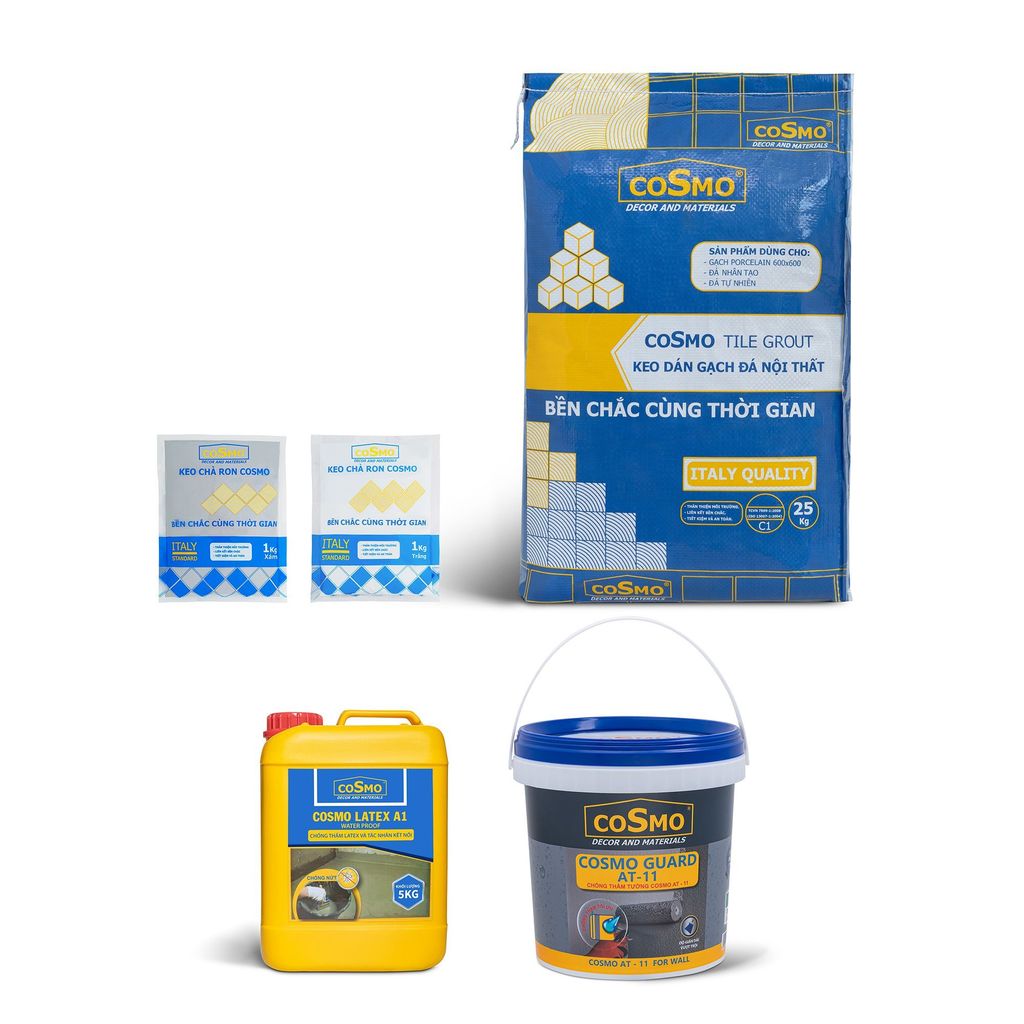 COMBO Keo dán gạch C1 + chống thấm tường AT 11 Guard + Latex A1 + keo chà ron