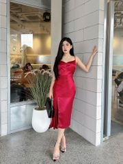 Đầm midi đỏ Rosie hai dây xếp draping sang trọng