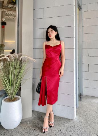 Đầm midi đỏ Rosie hai dây xếp draping sang trọng