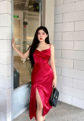 Đầm midi đỏ Rosie hai dây xếp draping sang trọng