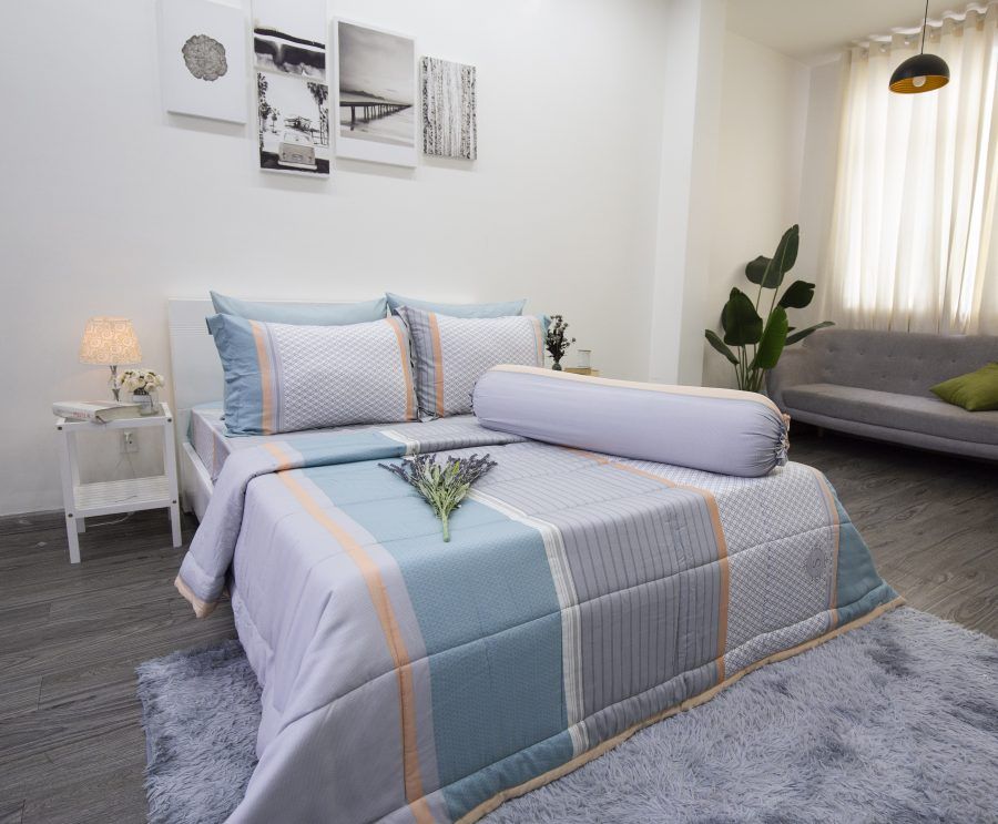 Drap Giường Tencel lụa Sọc Xám Xanh