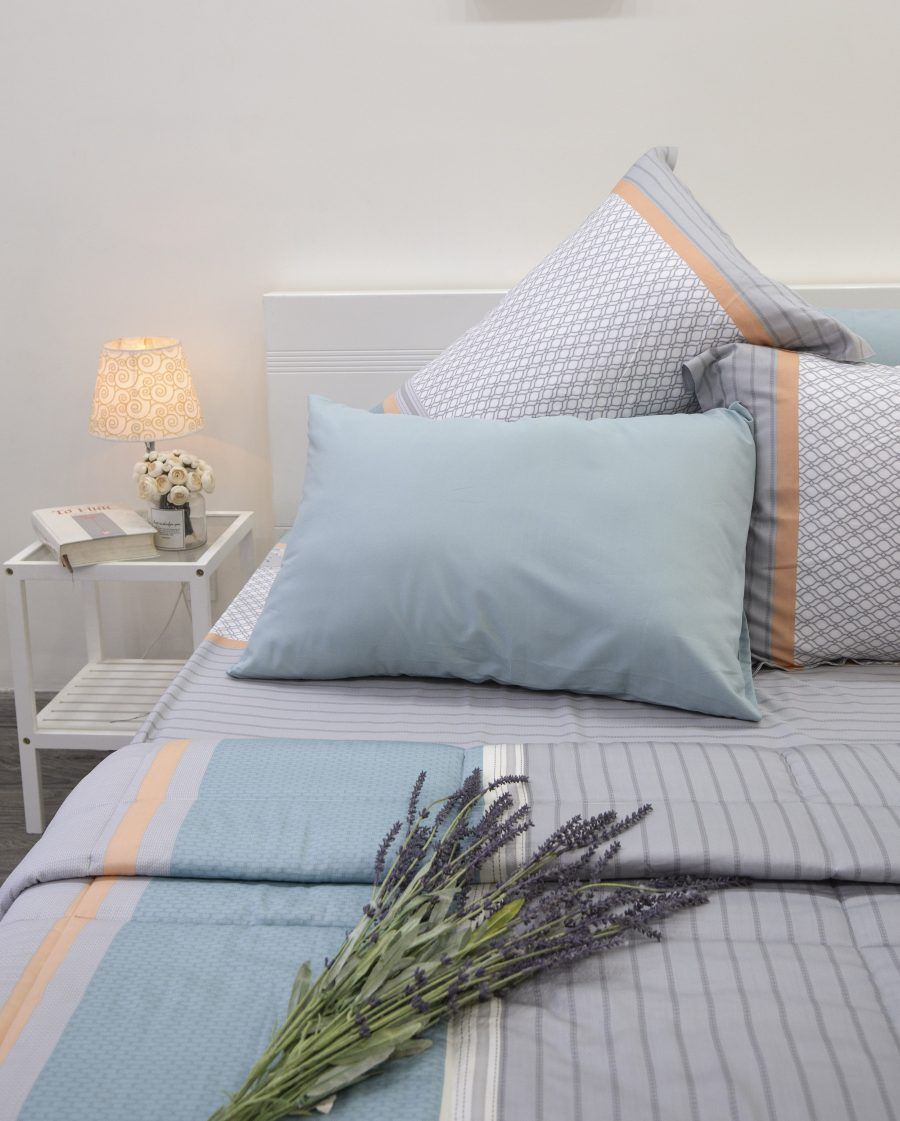 Drap Giường Tencel lụa Sọc Xám Xanh