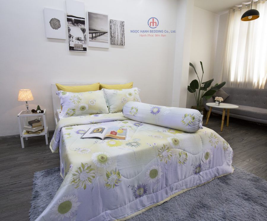 Bộ Drap Giường Tencel lụa 80s Bông Cúc Vàng - Drap Tencel Cao Cấp Ngọc Hạnh