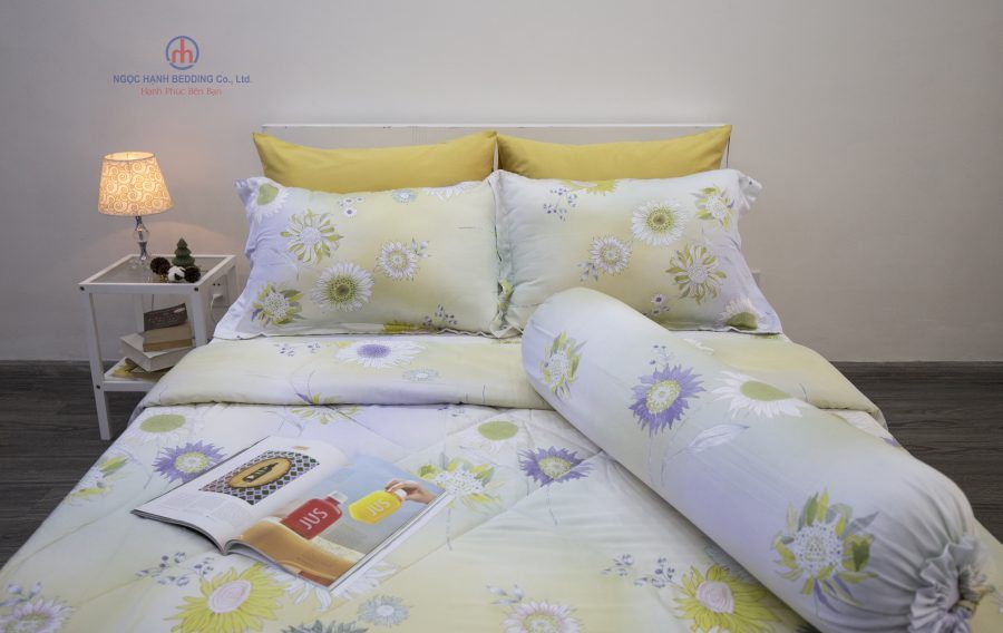 Bộ Drap Giường Tencel lụa 80s Bông Cúc Vàng - Drap Tencel Cao Cấp Ngọc Hạnh