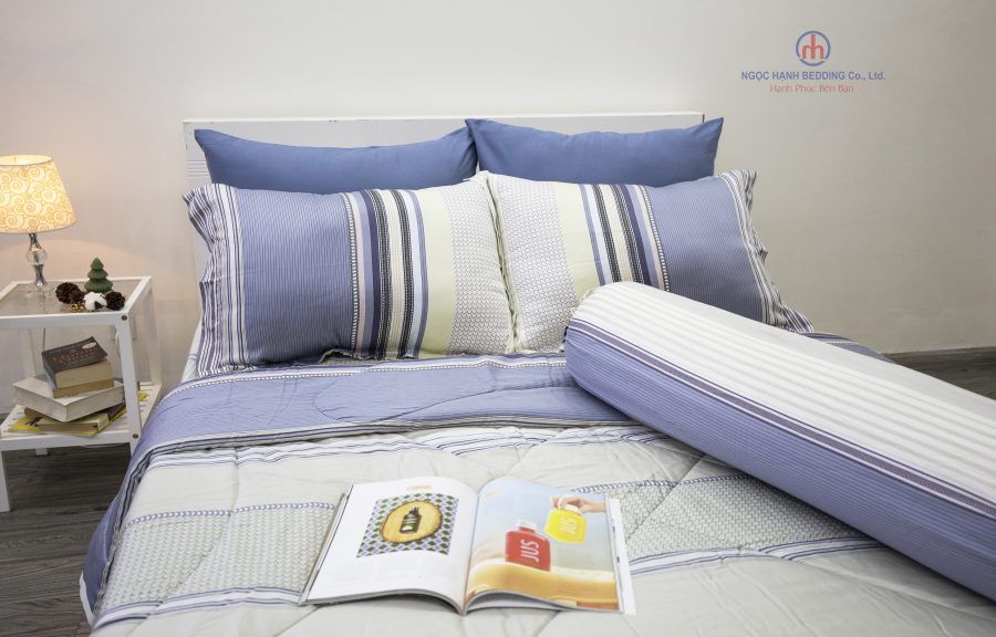 Bộ Drap Giường tencel lụa 80s Kẻ Sọc Xám Xanh