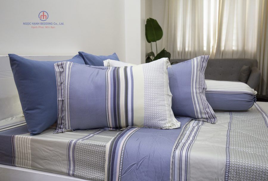 Bộ Drap Giường tencel lụa 80s Kẻ Sọc Xám Xanh