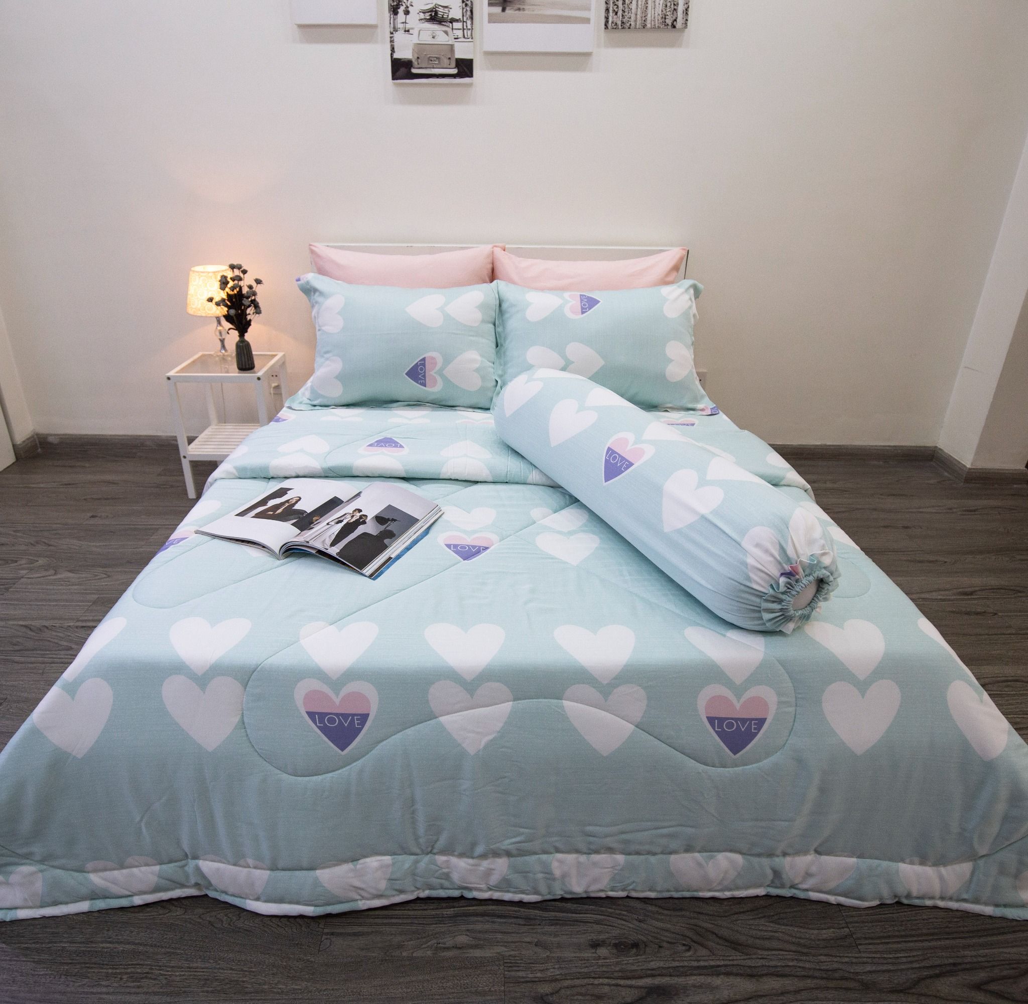 Bộ Drap giườngTencel Lụa Trái Tim Xanh Mint - Drap Tencel cao cấp Ngọc Hạnh Bedding