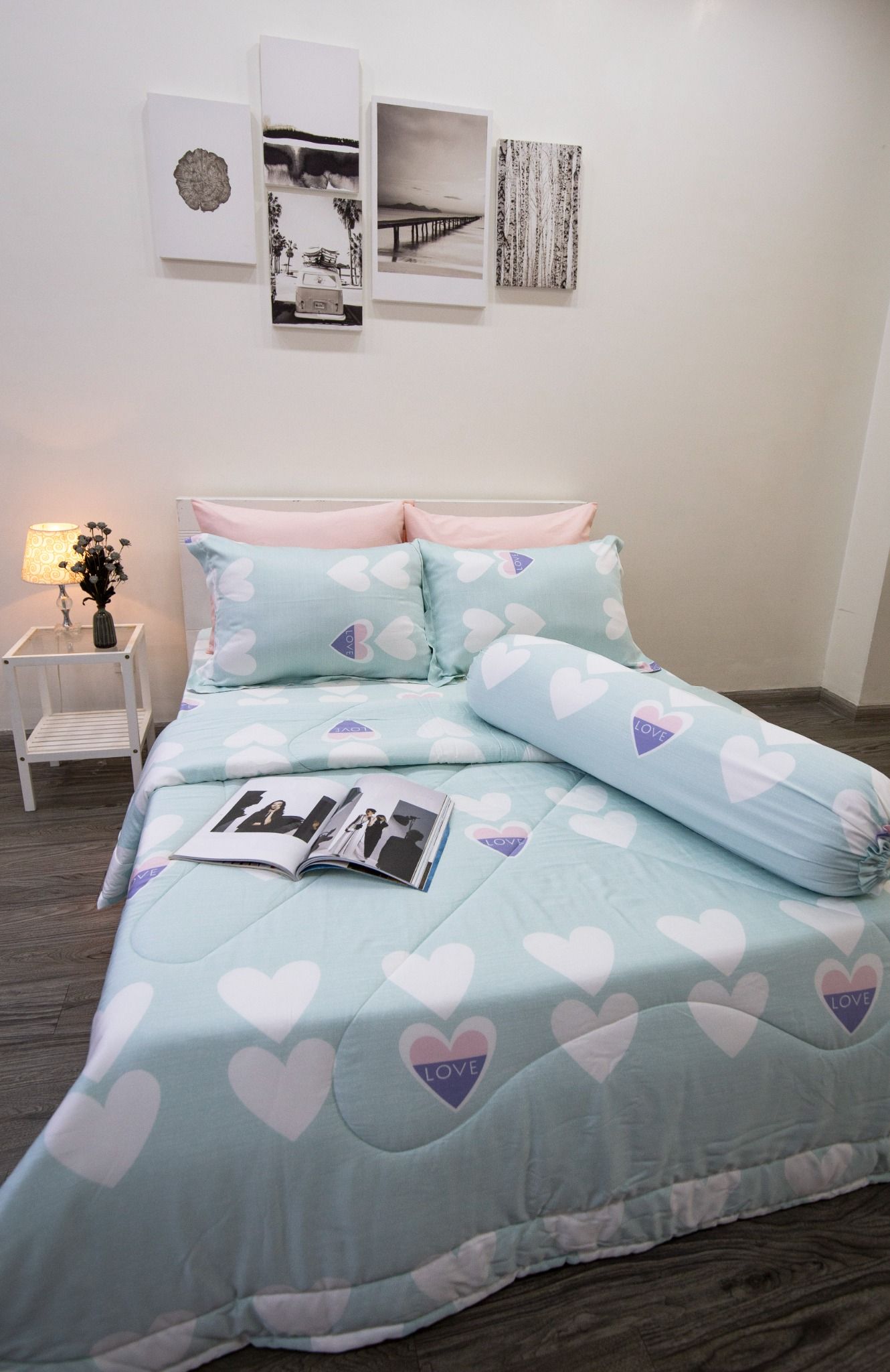 Bộ Drap giườngTencel Lụa Trái Tim Xanh Mint - Drap Tencel cao cấp Ngọc Hạnh Bedding