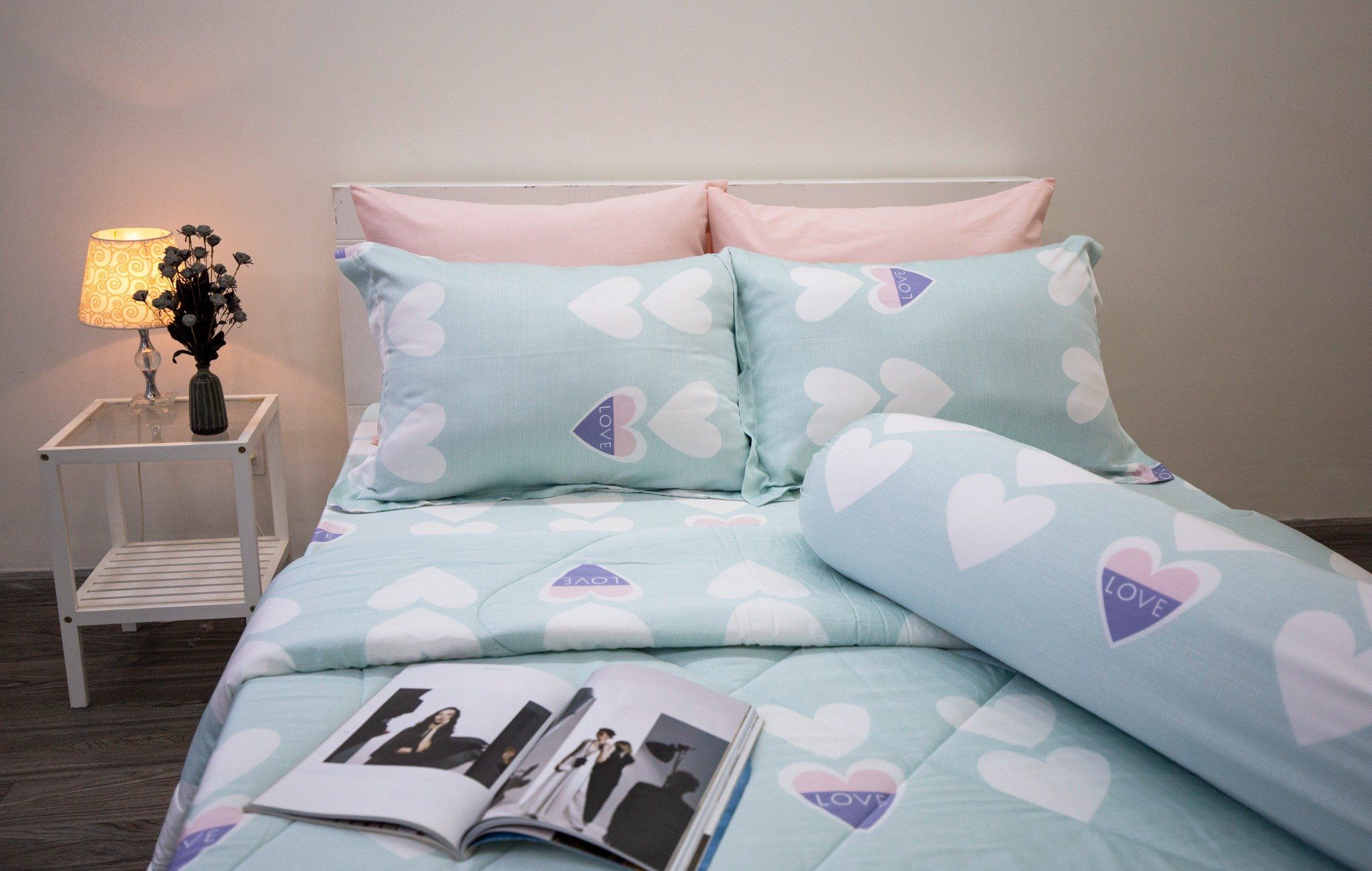 Bộ Drap giườngTencel Lụa Trái Tim Xanh Mint - Drap Tencel cao cấp Ngọc Hạnh Bedding
