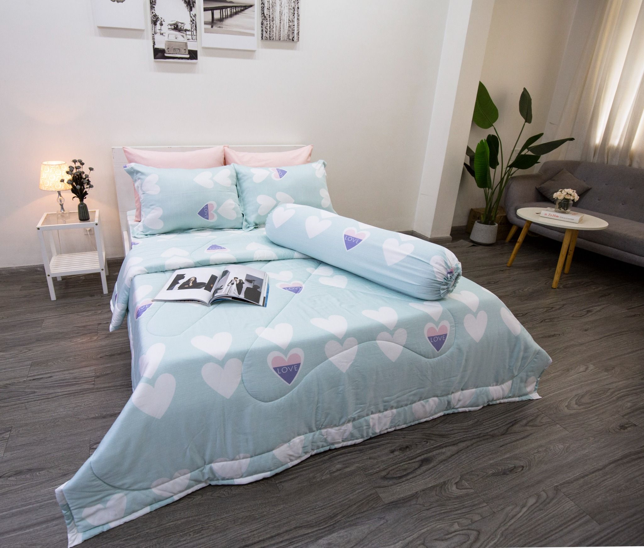 Bộ Drap giườngTencel Lụa Trái Tim Xanh Mint - Drap Tencel cao cấp Ngọc Hạnh Bedding