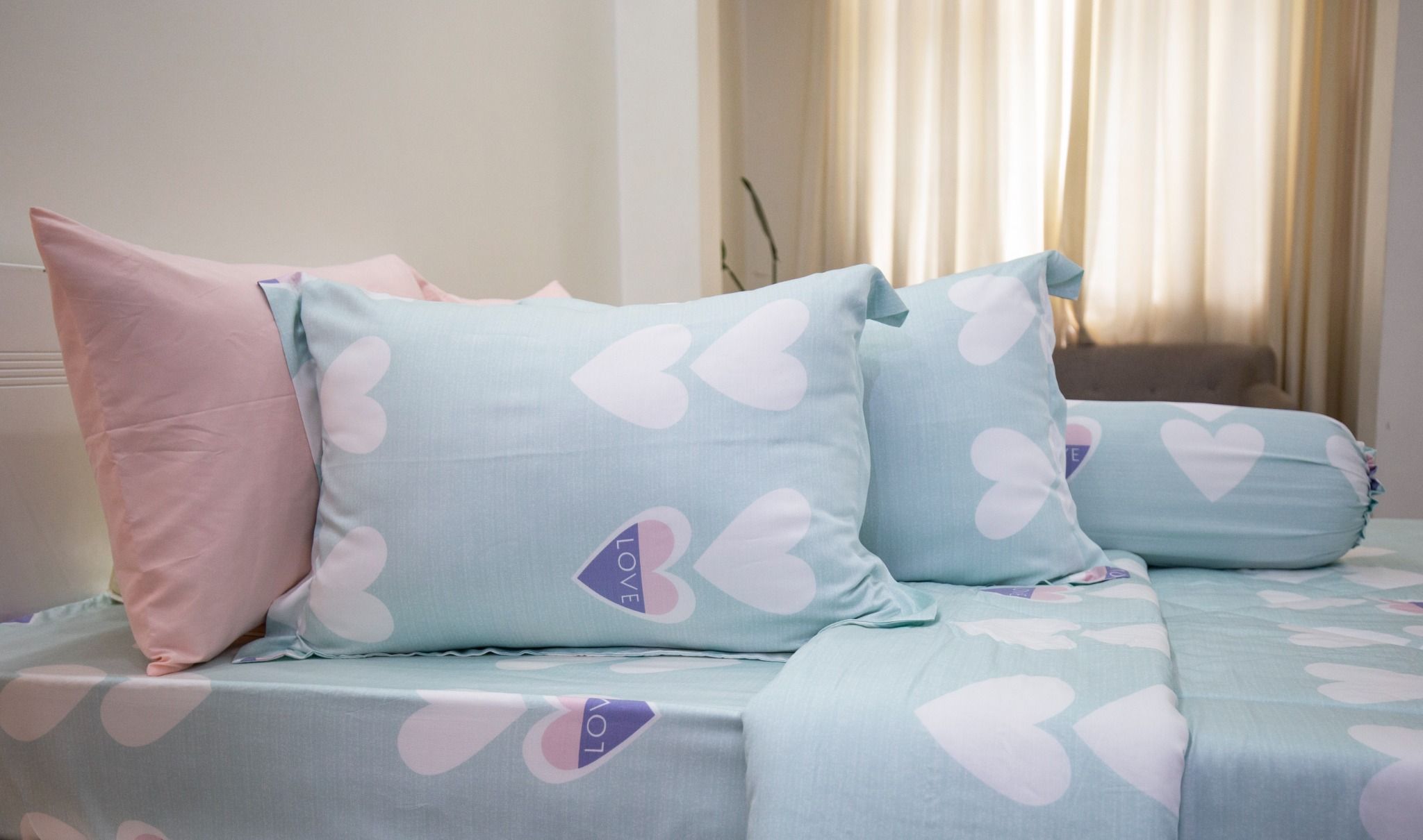 Bộ Drap giườngTencel Lụa Trái Tim Xanh Mint - Drap Tencel cao cấp Ngọc Hạnh Bedding