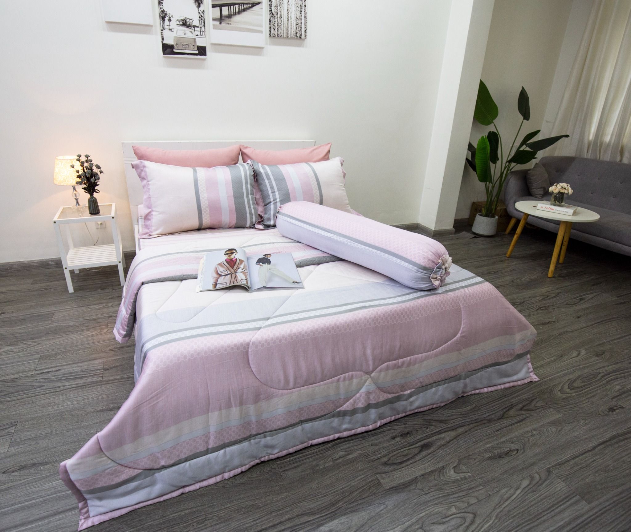 Bộ Drap Giường tencel lụa 80s Sọc Hồng - Drap Giường Ngọc Hạnh