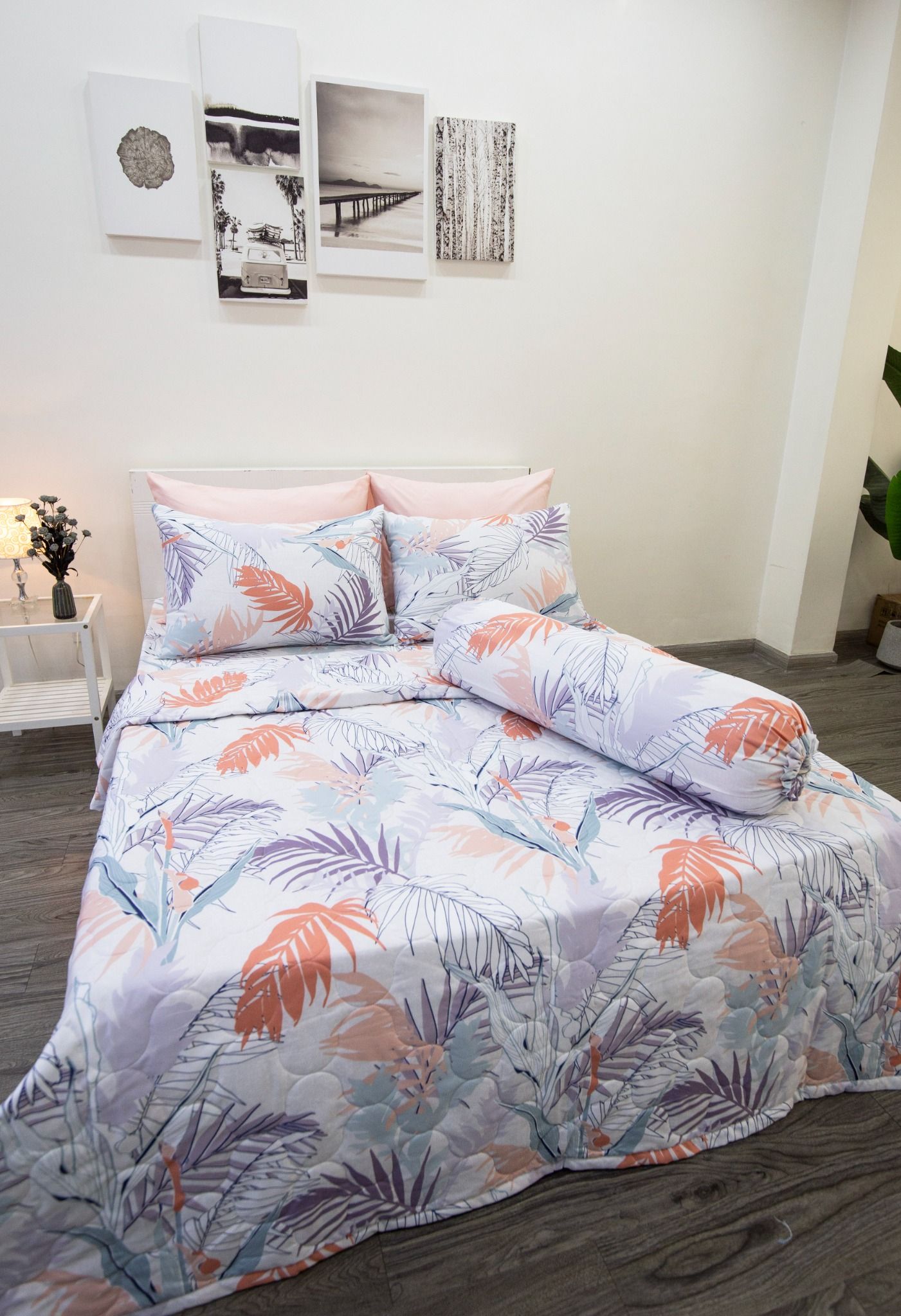 Bộ Chăn Ga Microfiber Lá Cọ Hồng