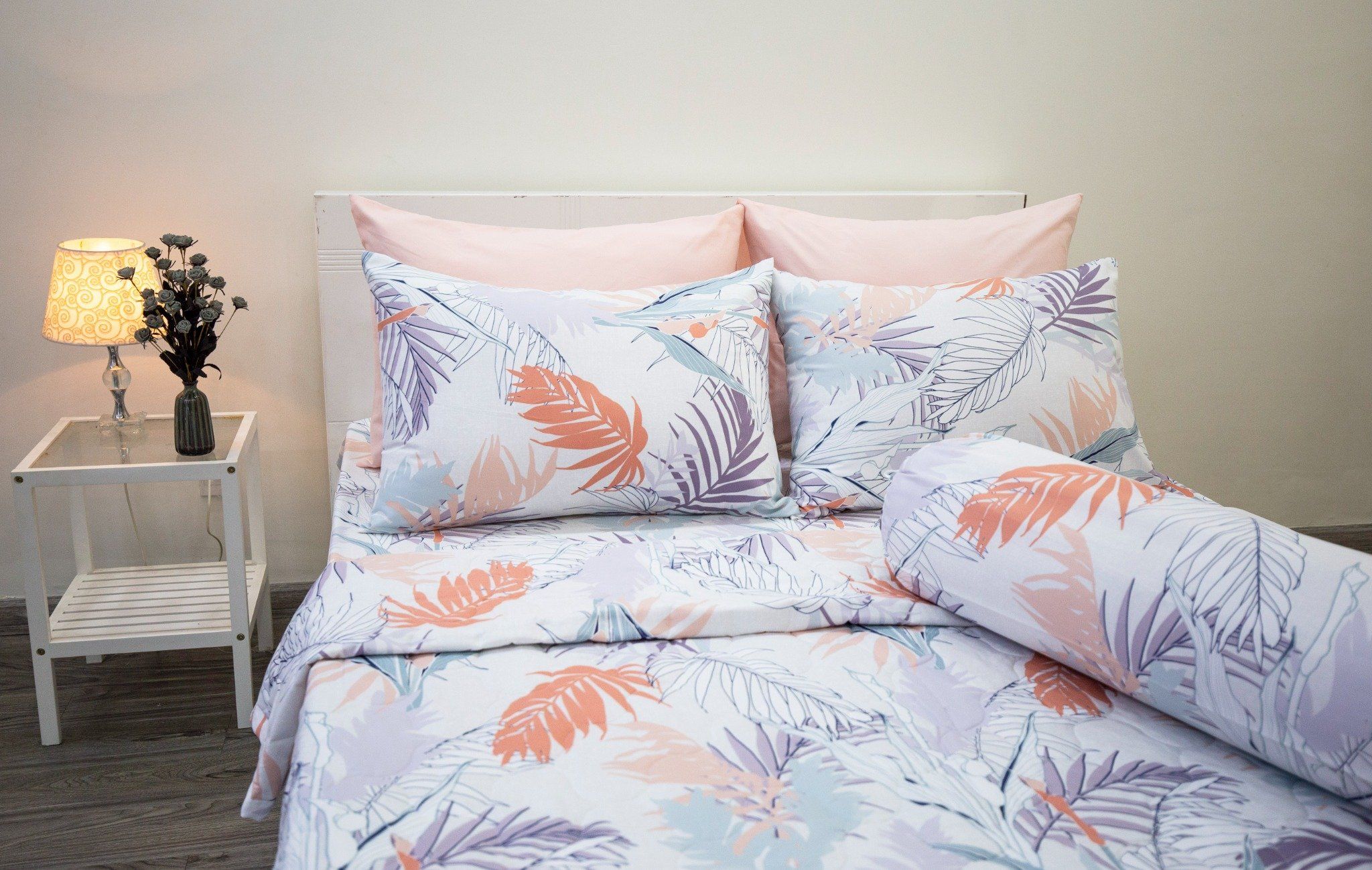 Bộ Chăn Ga Microfiber Lá Cọ Hồng
