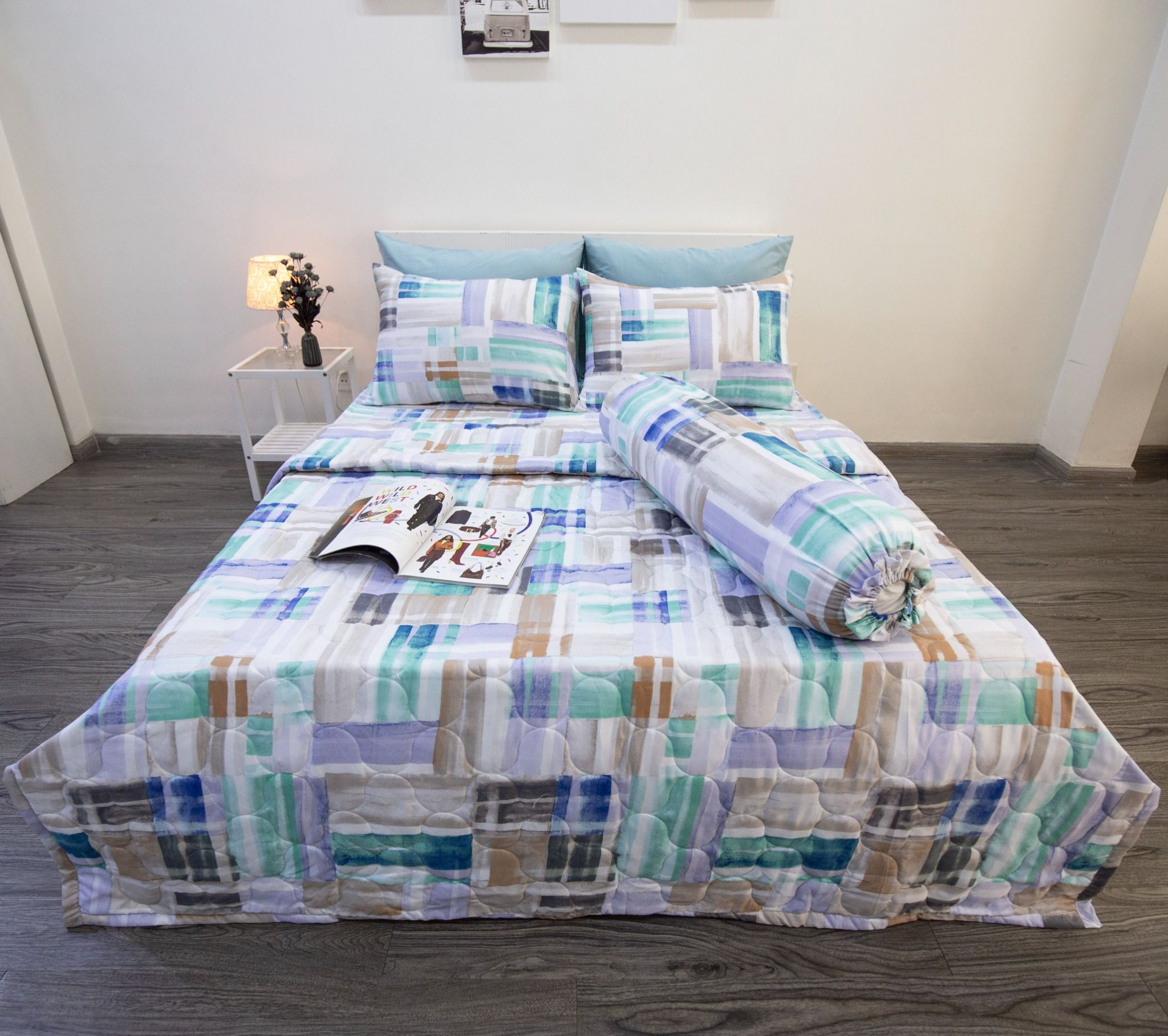 Bộ Chăn ga Microfiber Gạch Xanh Tím
