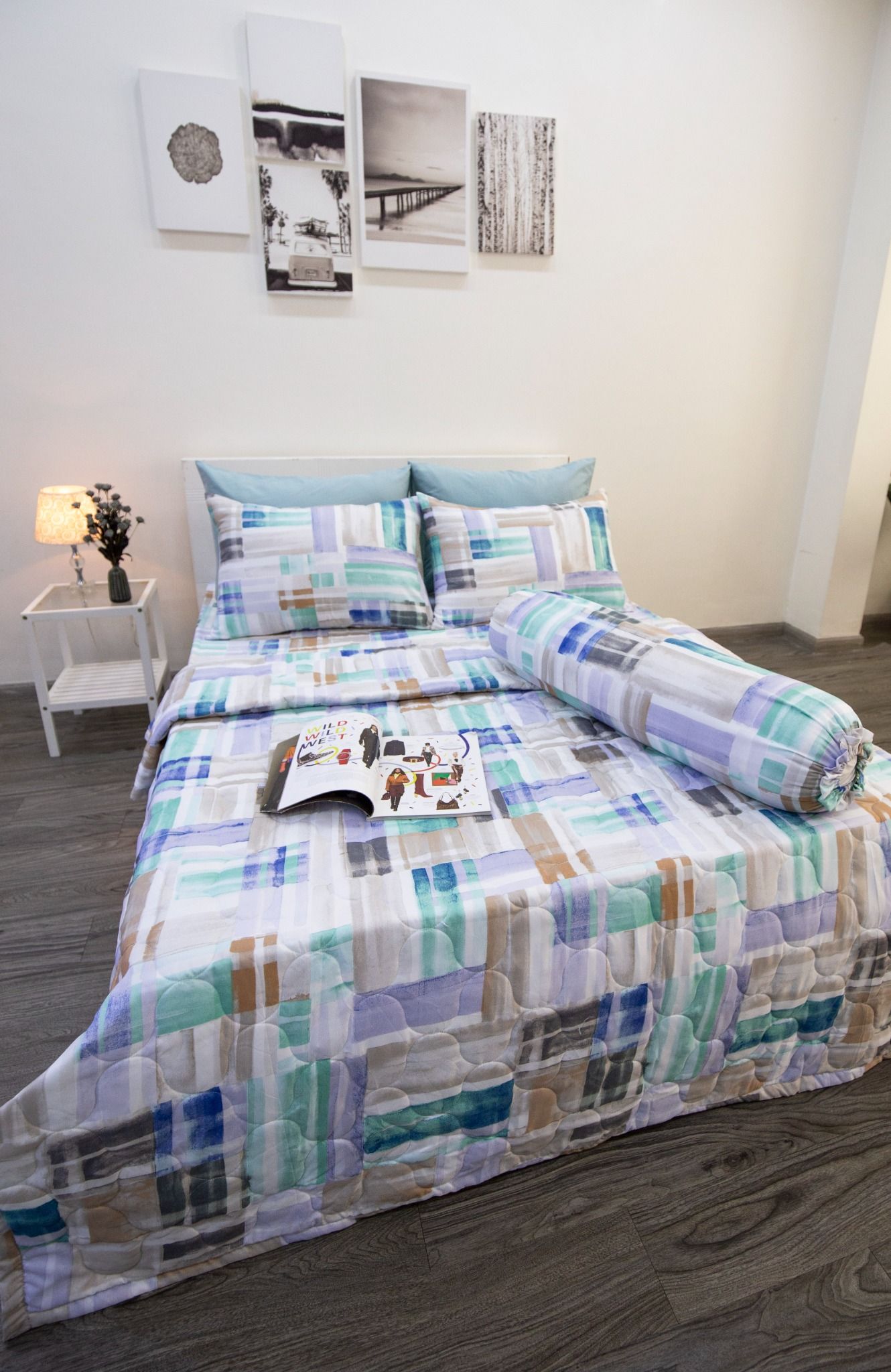 Bộ Chăn ga Microfiber Gạch Xanh Tím