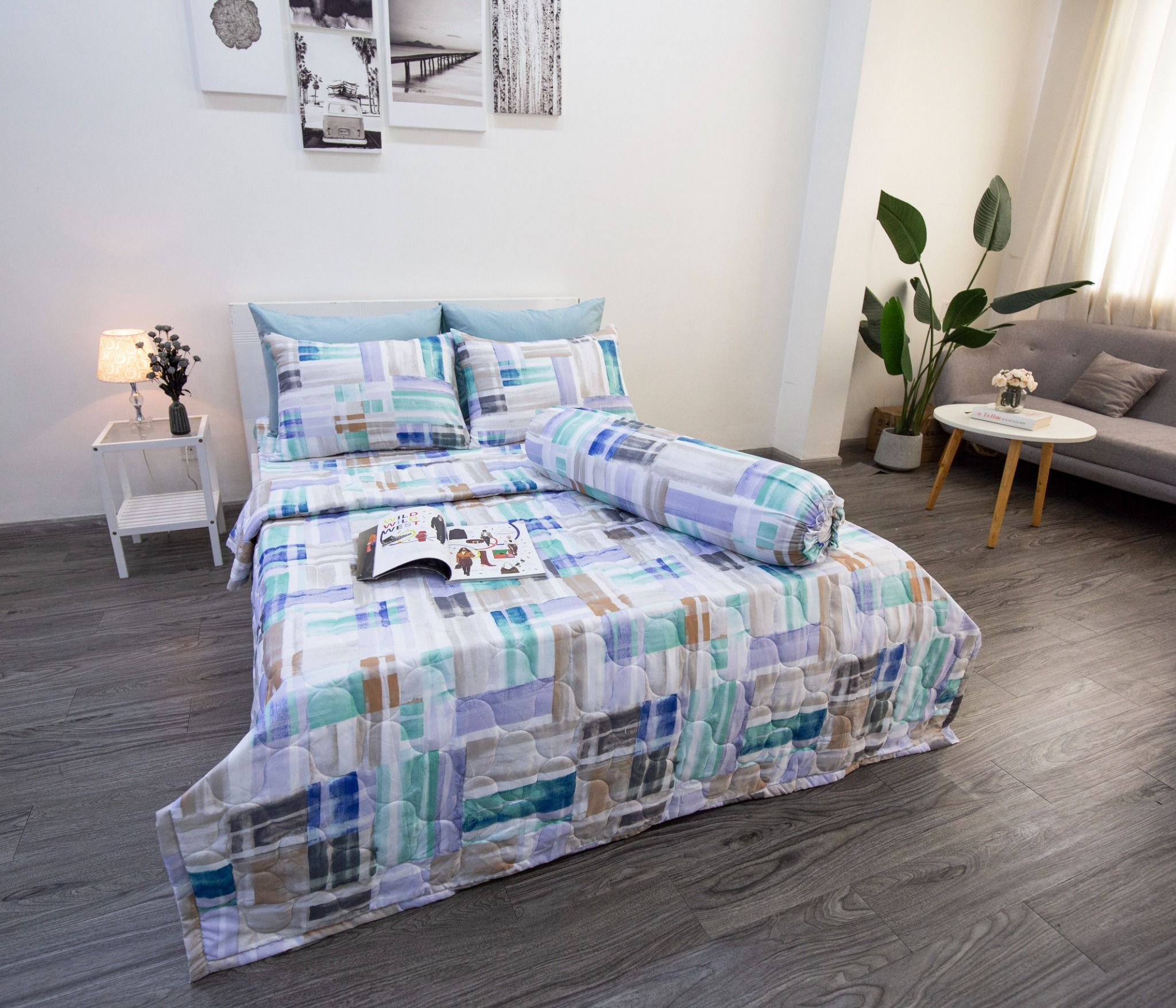 Bộ Chăn ga Microfiber Gạch Xanh Tím