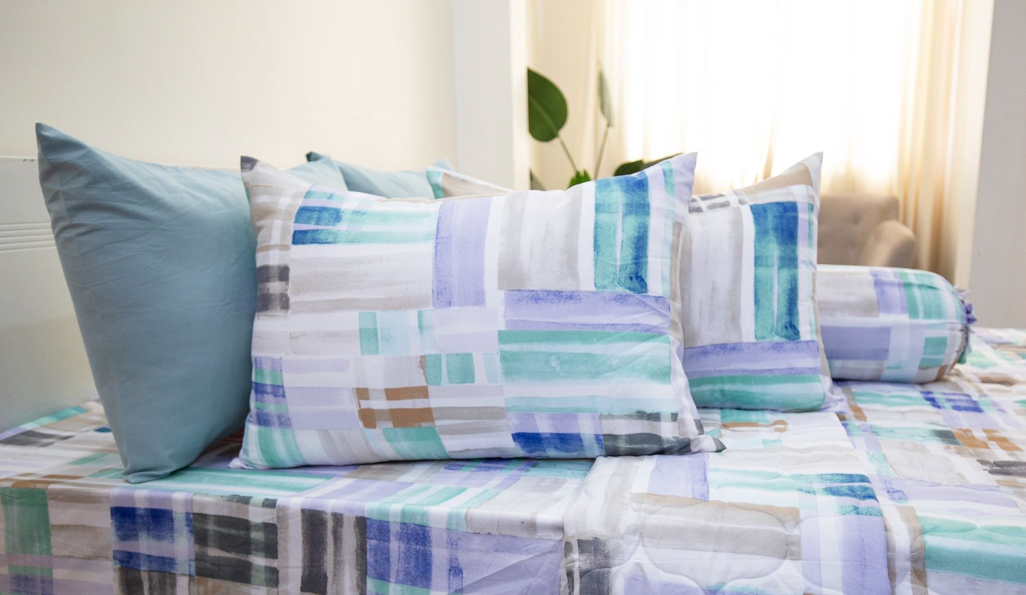 Bộ Chăn ga Microfiber Gạch Xanh Tím