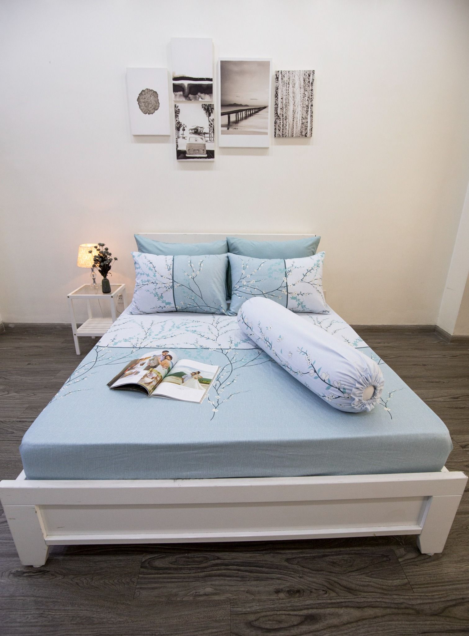 Bộ Drap Giường Microfiber Cành Đào Xanh Mint