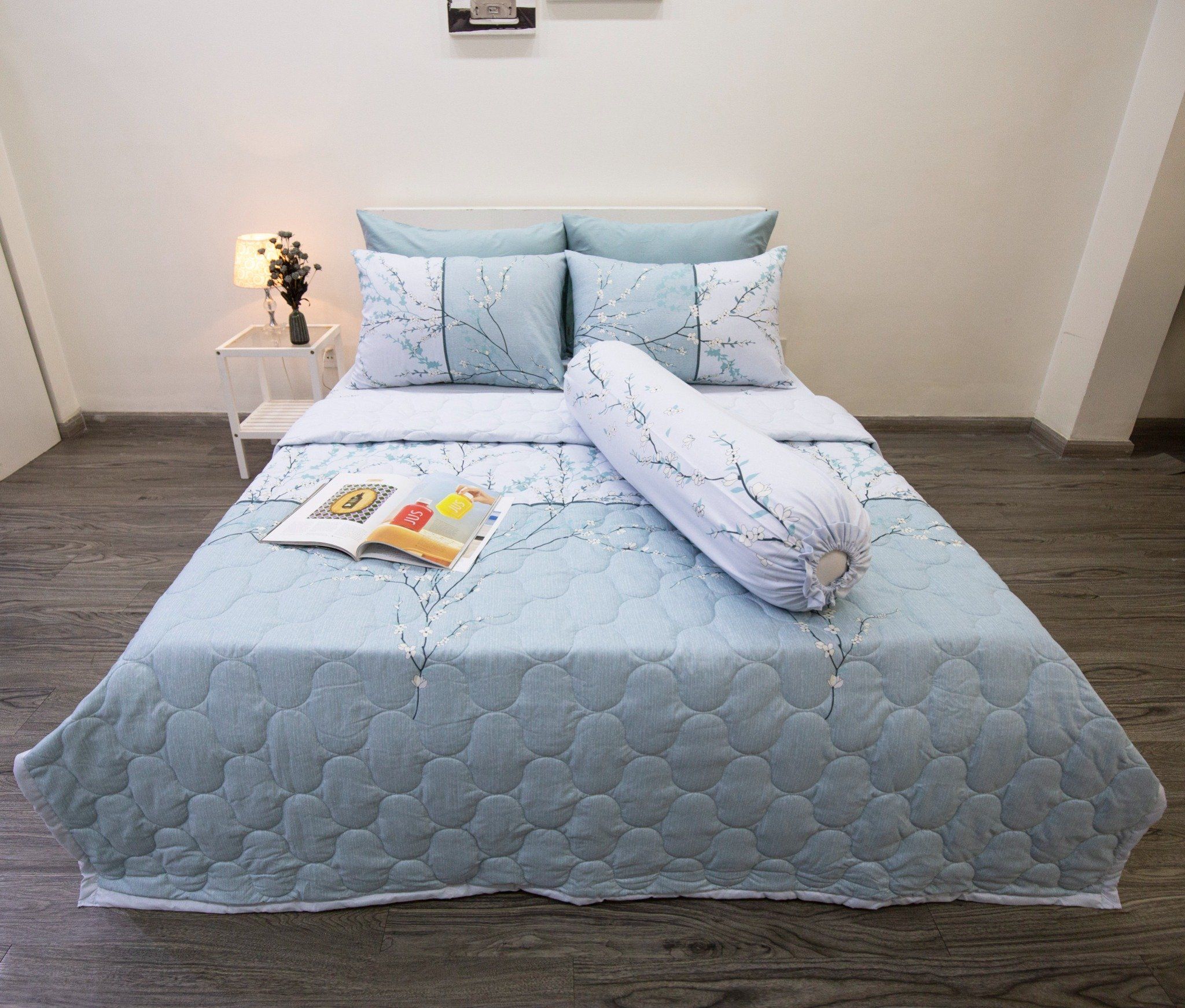Bộ Drap Giường Microfiber Cành Đào Xanh Mint