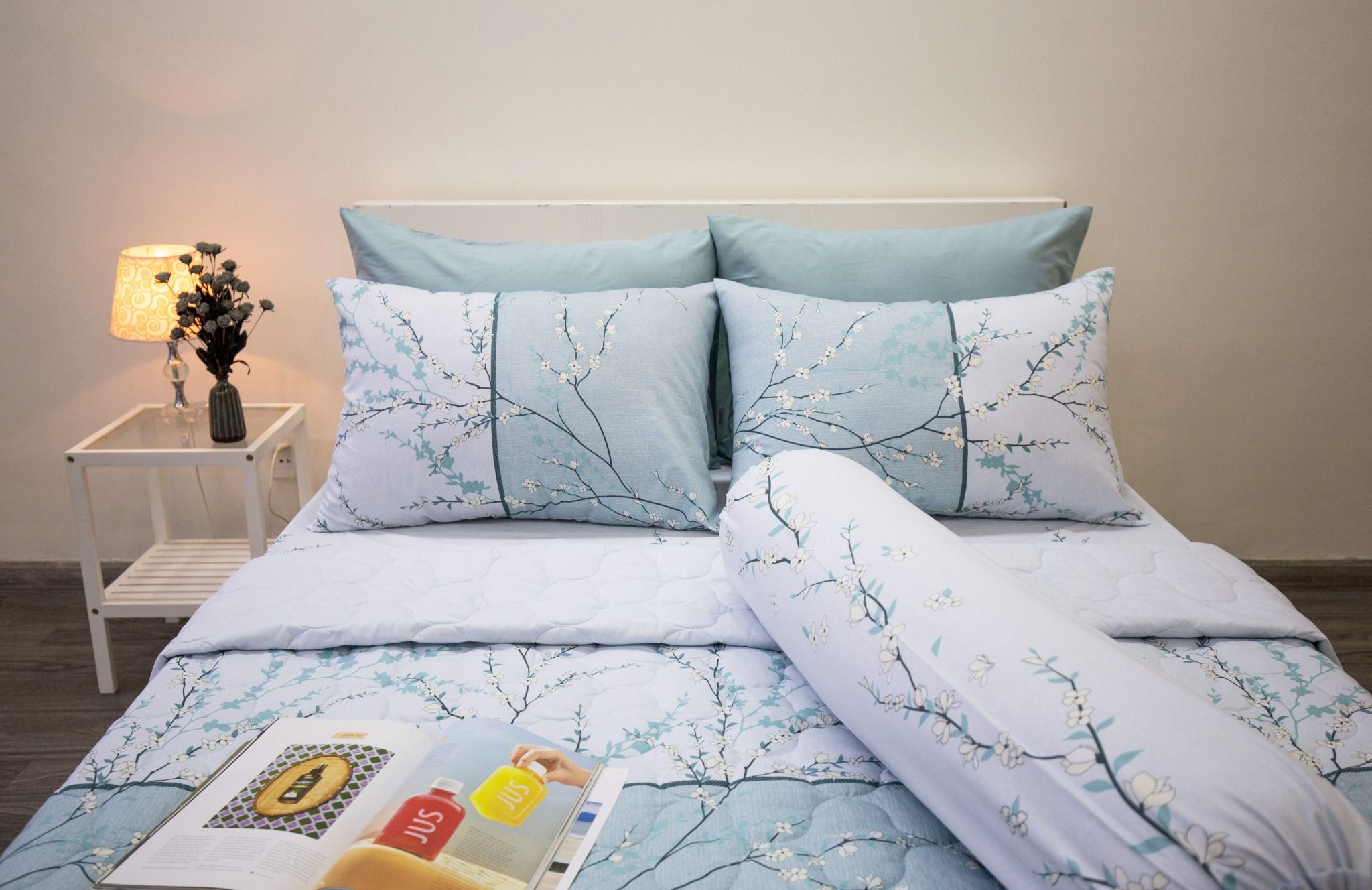 Bộ Drap Giường Microfiber Cành Đào Xanh Mint