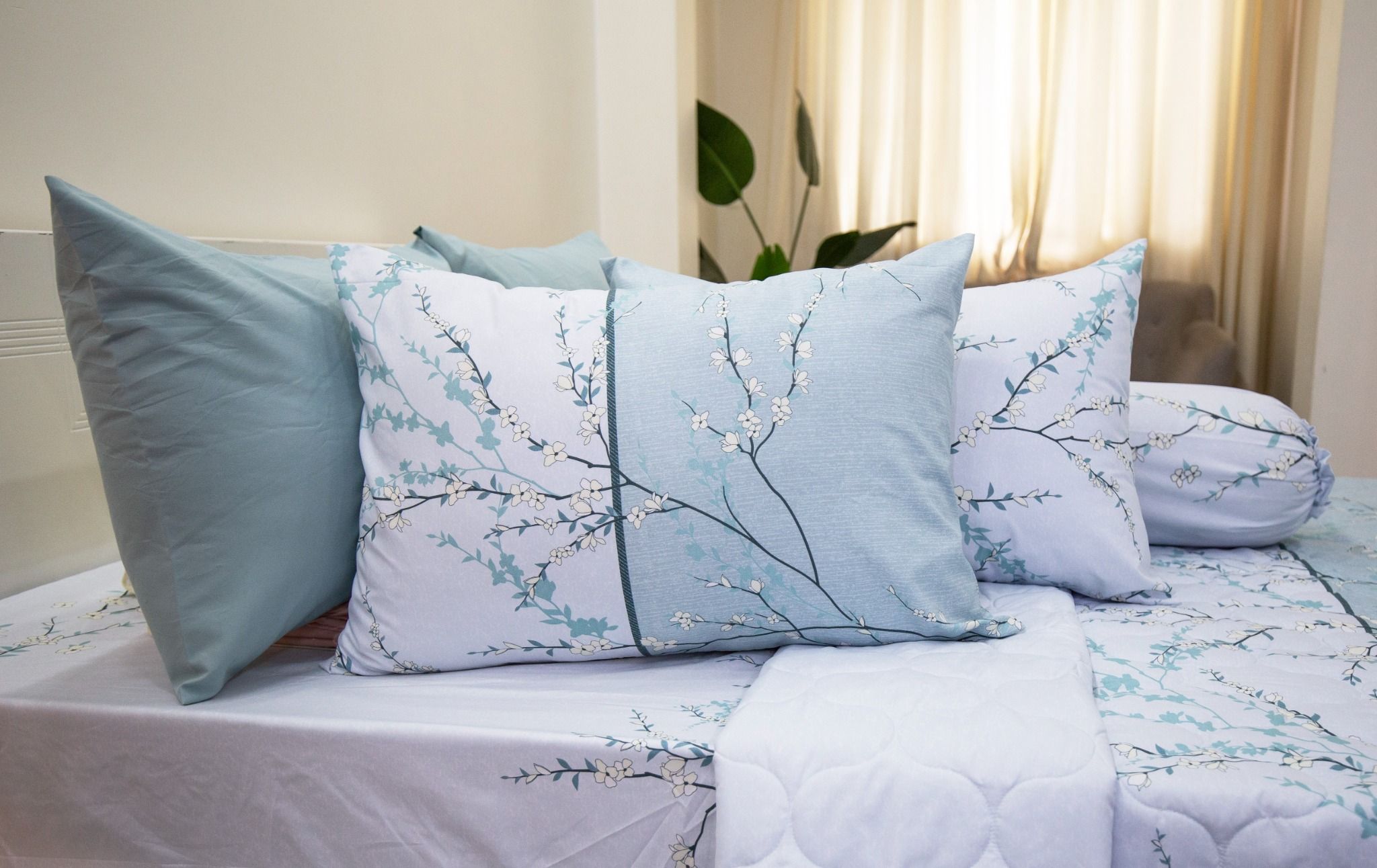 Bộ Drap Giường Microfiber Cành Đào Xanh Mint