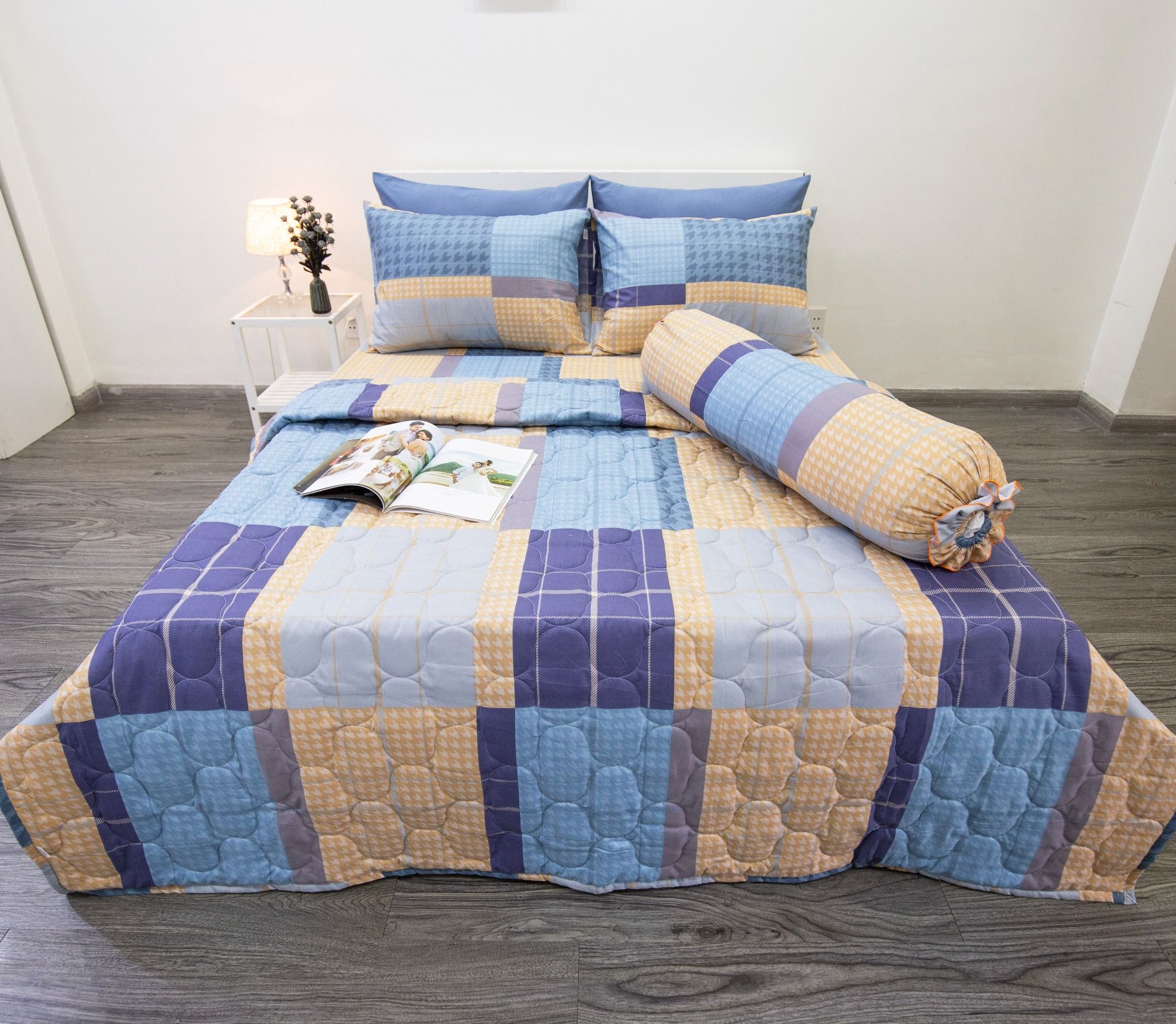 Bộ Drap Giường Microfiber Caro Xanh Tím