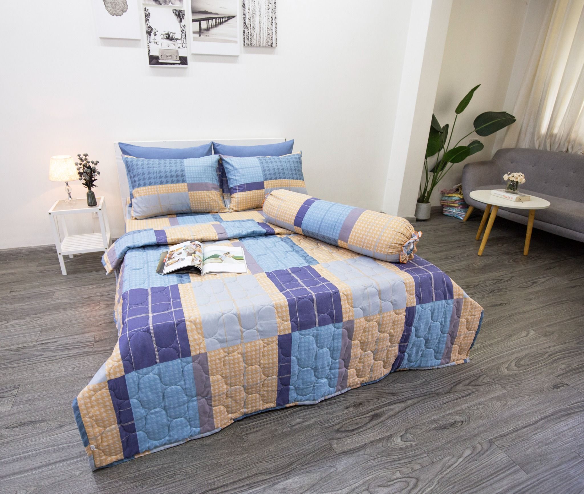 Bộ Drap Giường Microfiber Caro Xanh Tím
