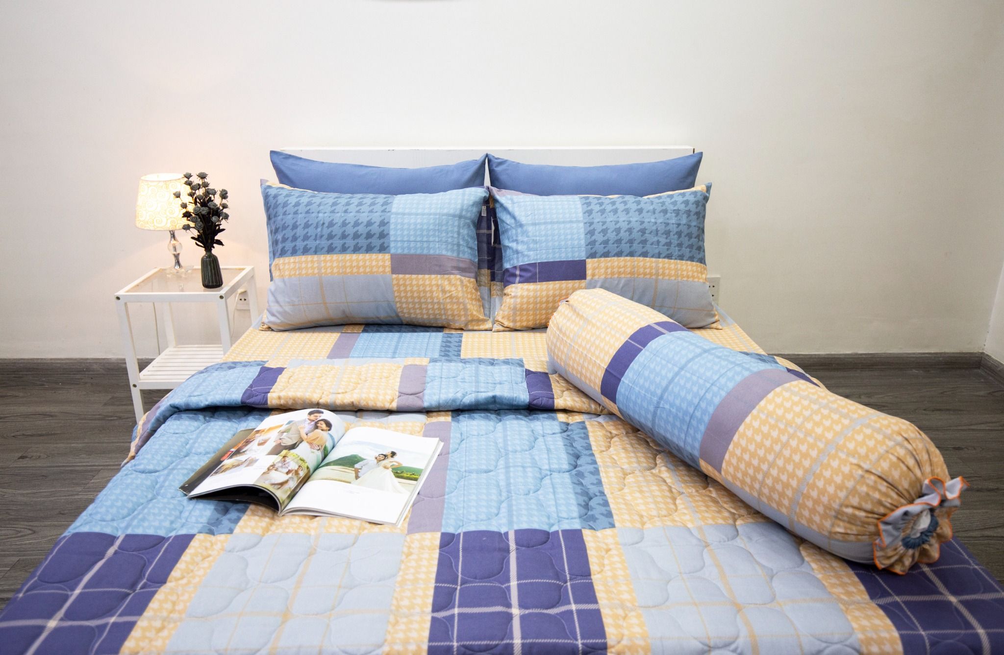 Bộ Drap Giường Microfiber Caro Xanh Tím
