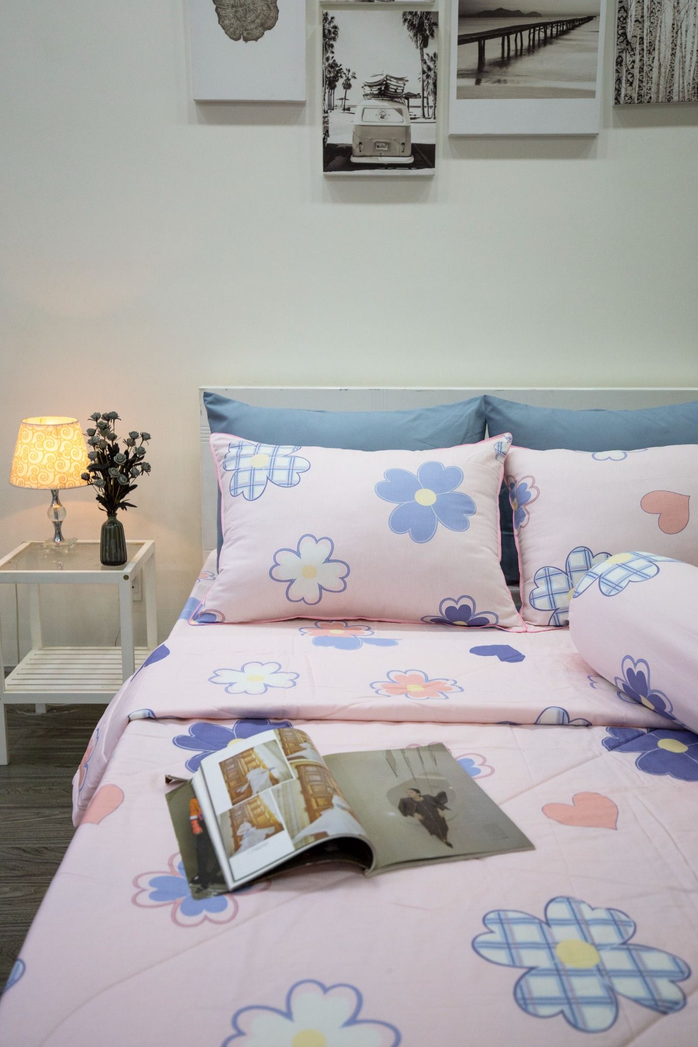 BỘ CHĂN GA GỐI NGỌC HẠNH COTTON HOA 4 LÁ HỒNG