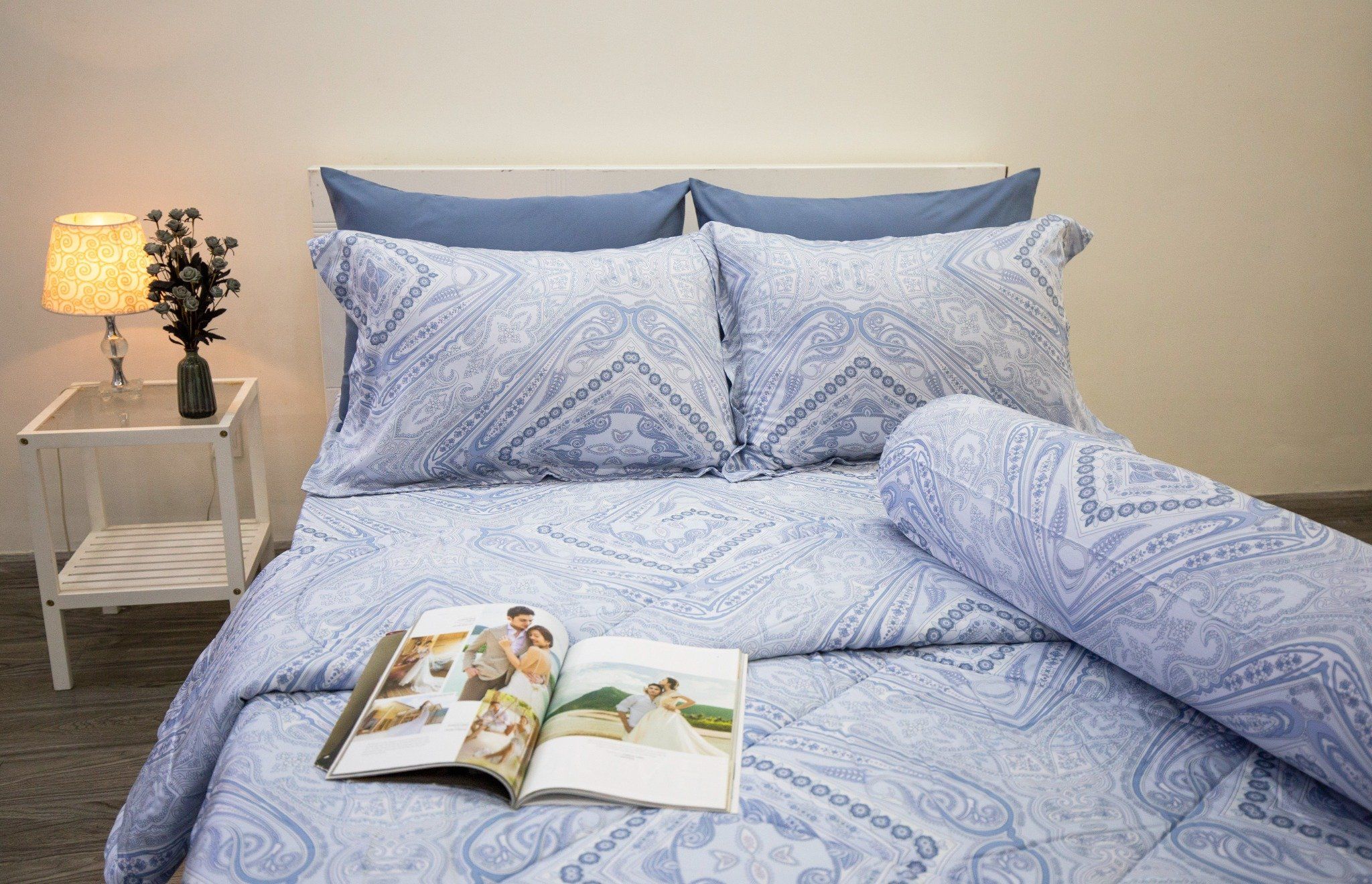 Bộ Tencel Lụa Hoa Văn Xanh Dương