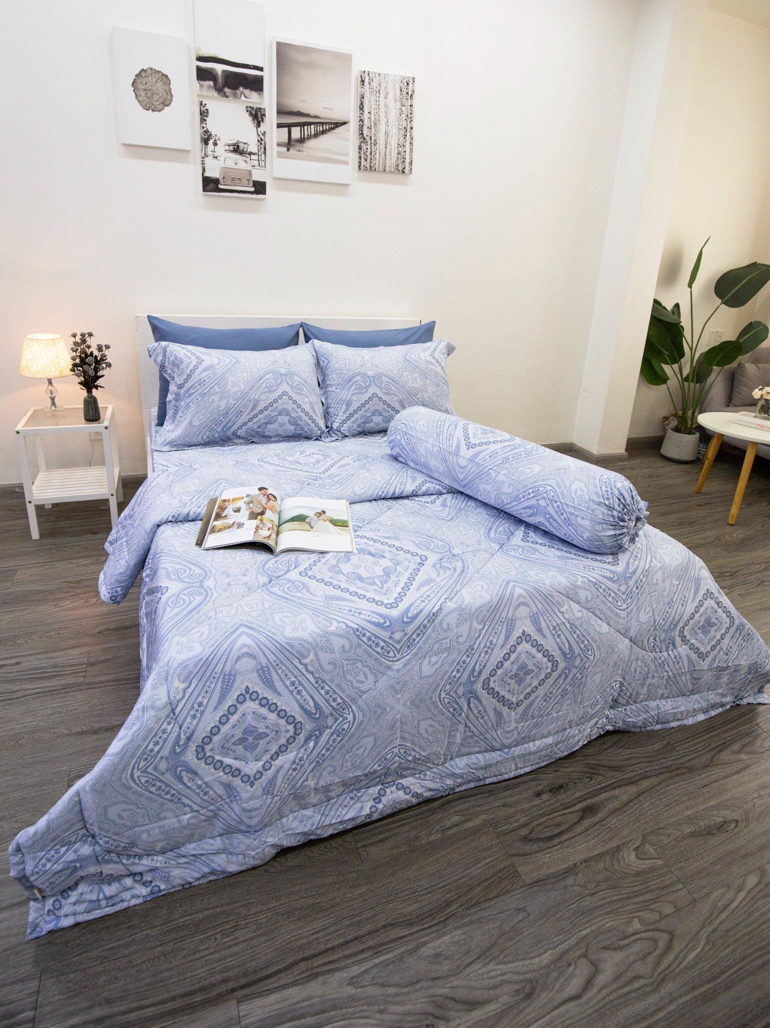 Bộ Tencel Lụa Hoa Văn Xanh Dương