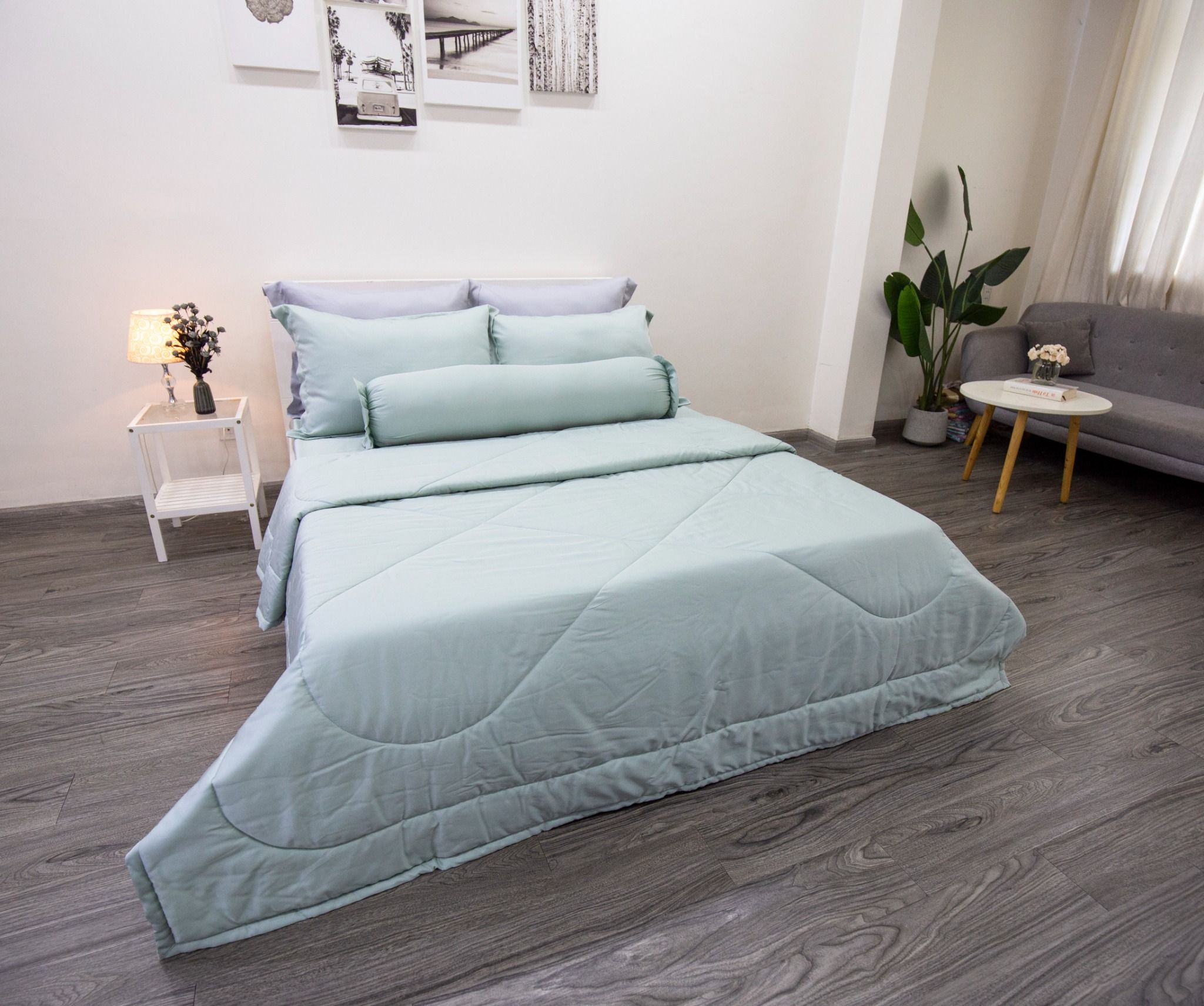Bộ Drap Giường Tencel Lụa Xanh Mint Trơn