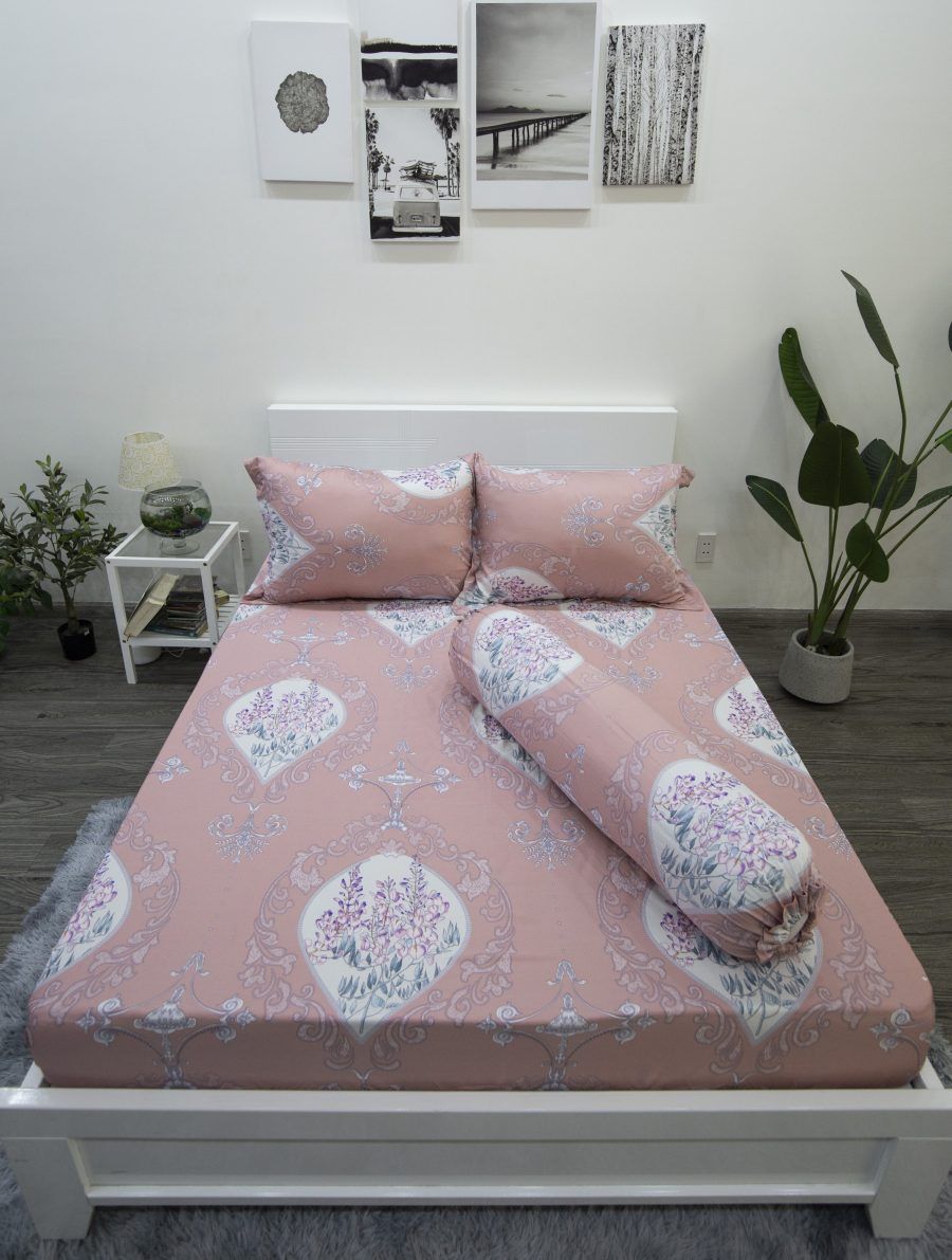Bộ drap giường tencel lụa bông hồng phấn - Drap giường Tencel cao cấp