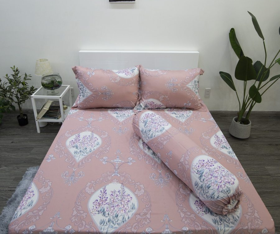 Bộ drap giường tencel lụa bông hồng phấn - Drap giường Tencel cao cấp