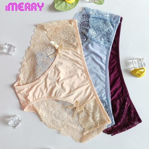 Combo 3 quần lót su ren nữ iMERRY kết hợp ren cao cấp đính nơ dáng bikini xẻ cao VQ046